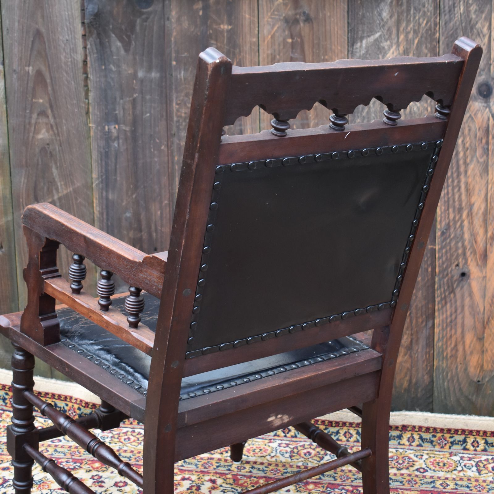 Furniture Antique 19th Century Gothic Revivel Leather Carved Oak Library Reading Armchair photo