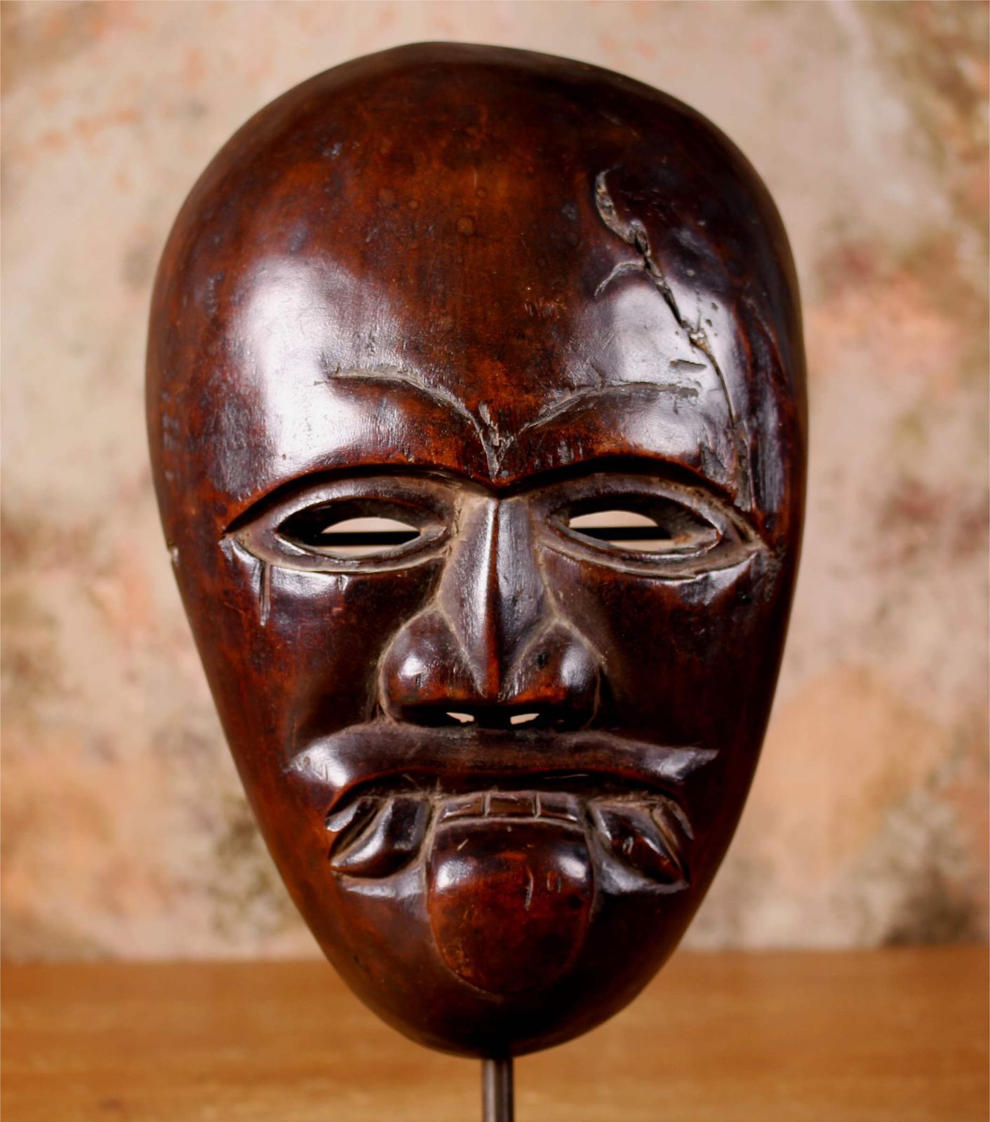 Antique Himalayan Demon Mask. 19th Century Nepalese Tibetan Wood Mask. photo furniture