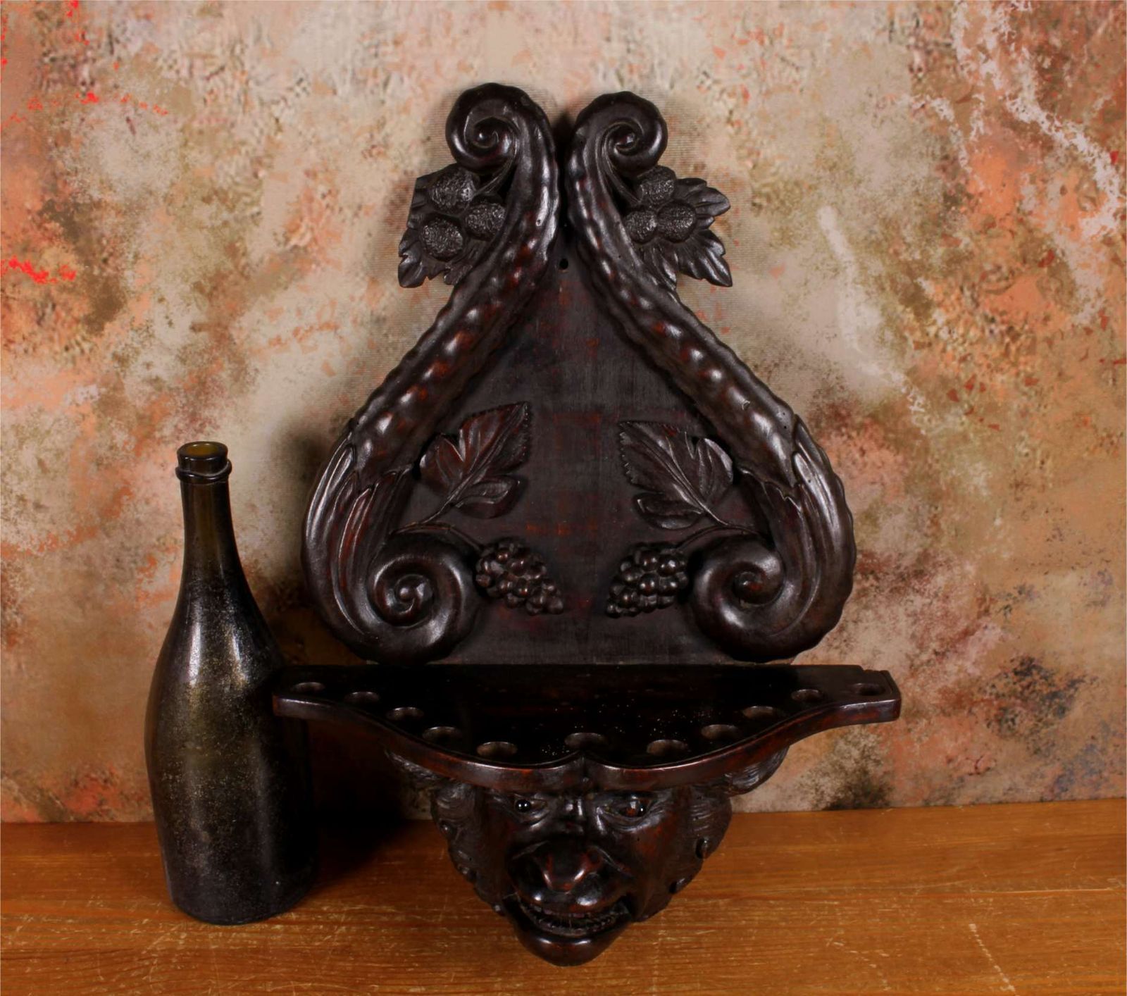 Antique Grotesque Face Wall Shelf. 19th Century Wood Demon Pipe Rack. photo furniture