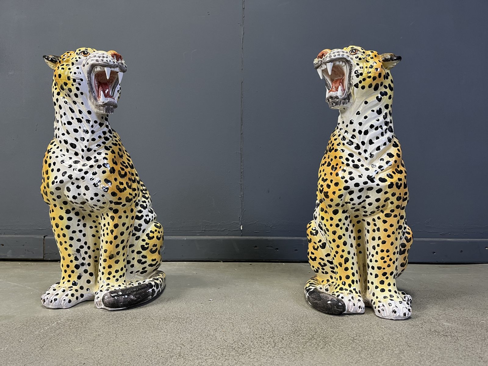 Pair Of Italian Glazed Terracotta Leopard Figures, 1960s
