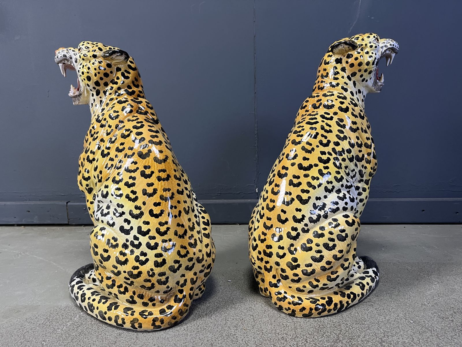 photo for sale Pair Of Italian Glazed Terracotta Leopard Figures, 1960s