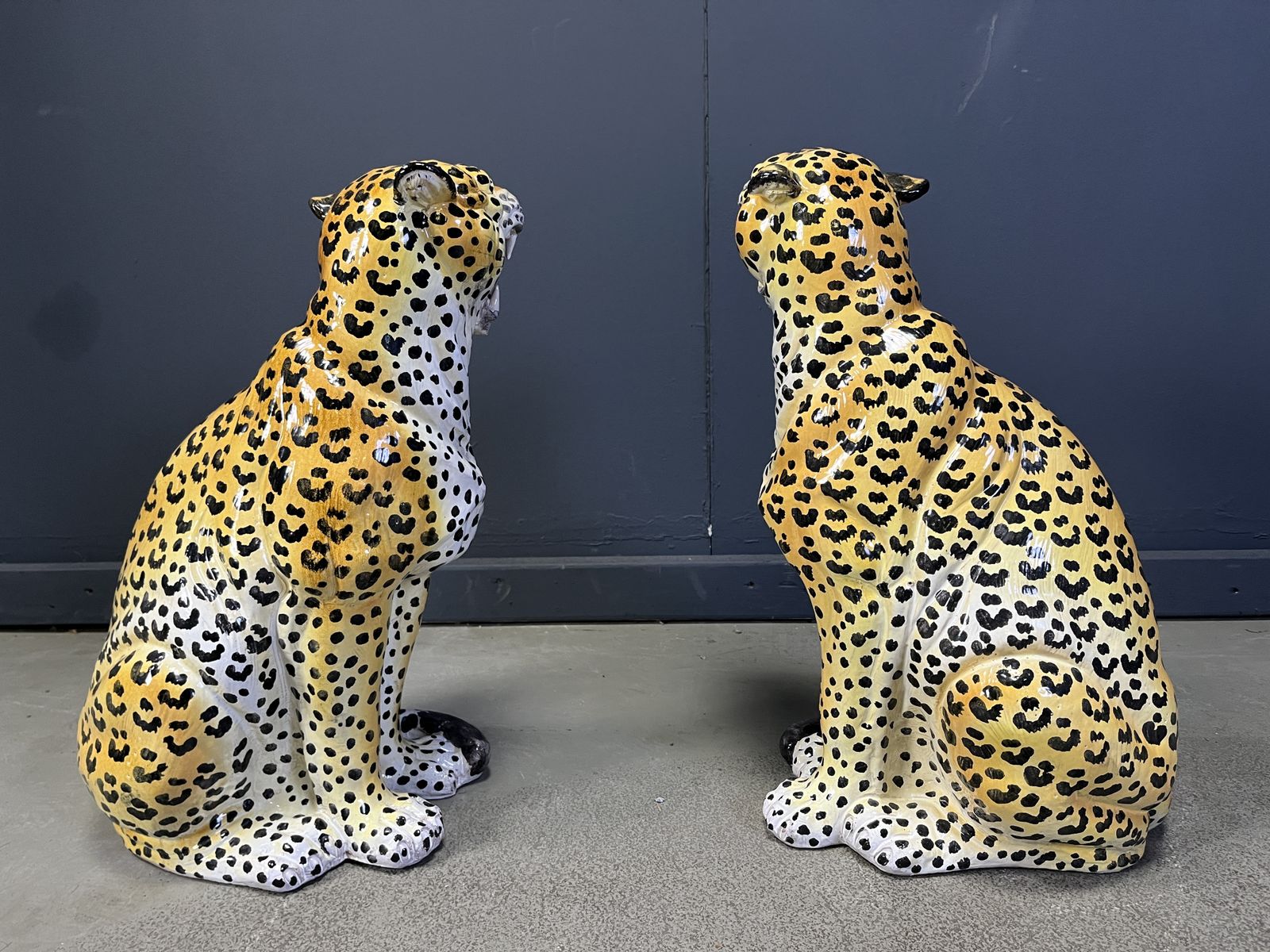 Art Pair Of Italian Glazed Terracotta Leopard Figures, 1960s photo