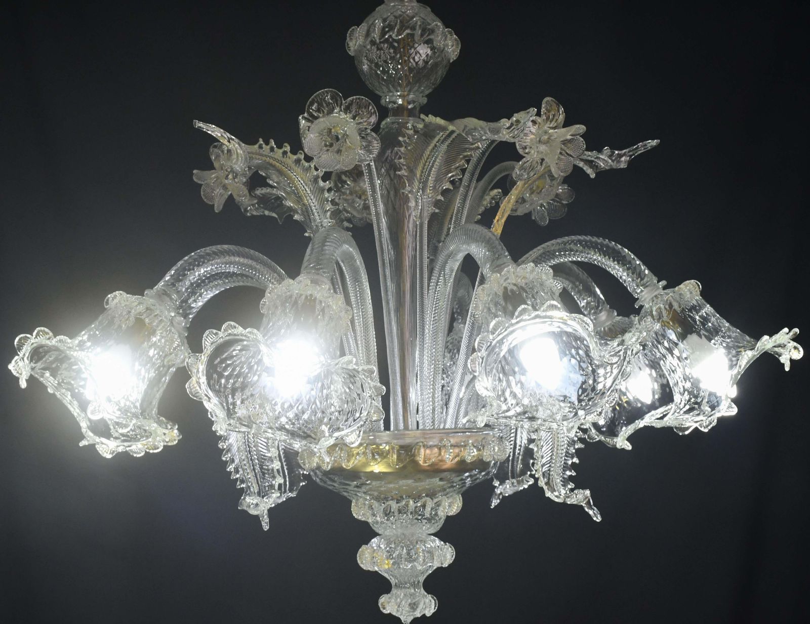 Wonderful Large Size Venetian Chandelier, Transparent And Gold Murano Glass photo Lighting