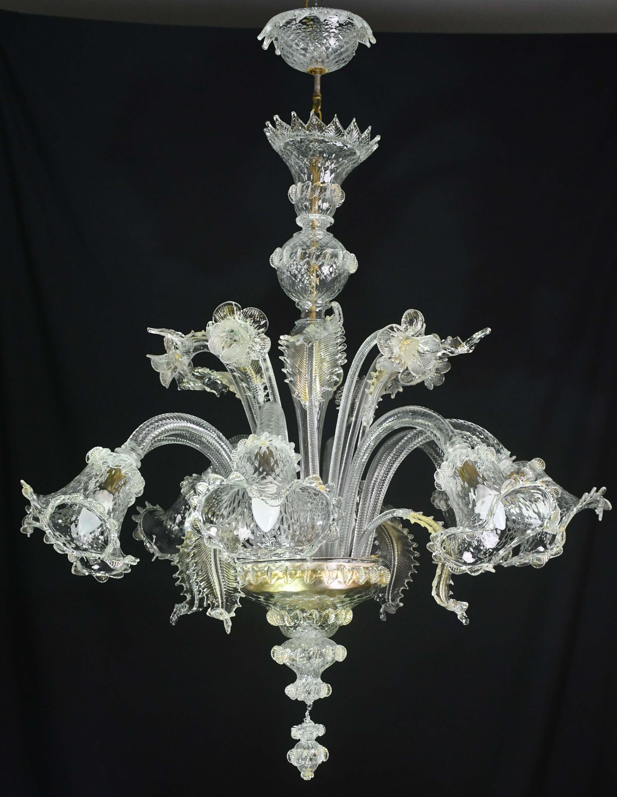 Wonderful Large Size Venetian Chandelier, Transparent And Gold Murano Glass photo 3898.0