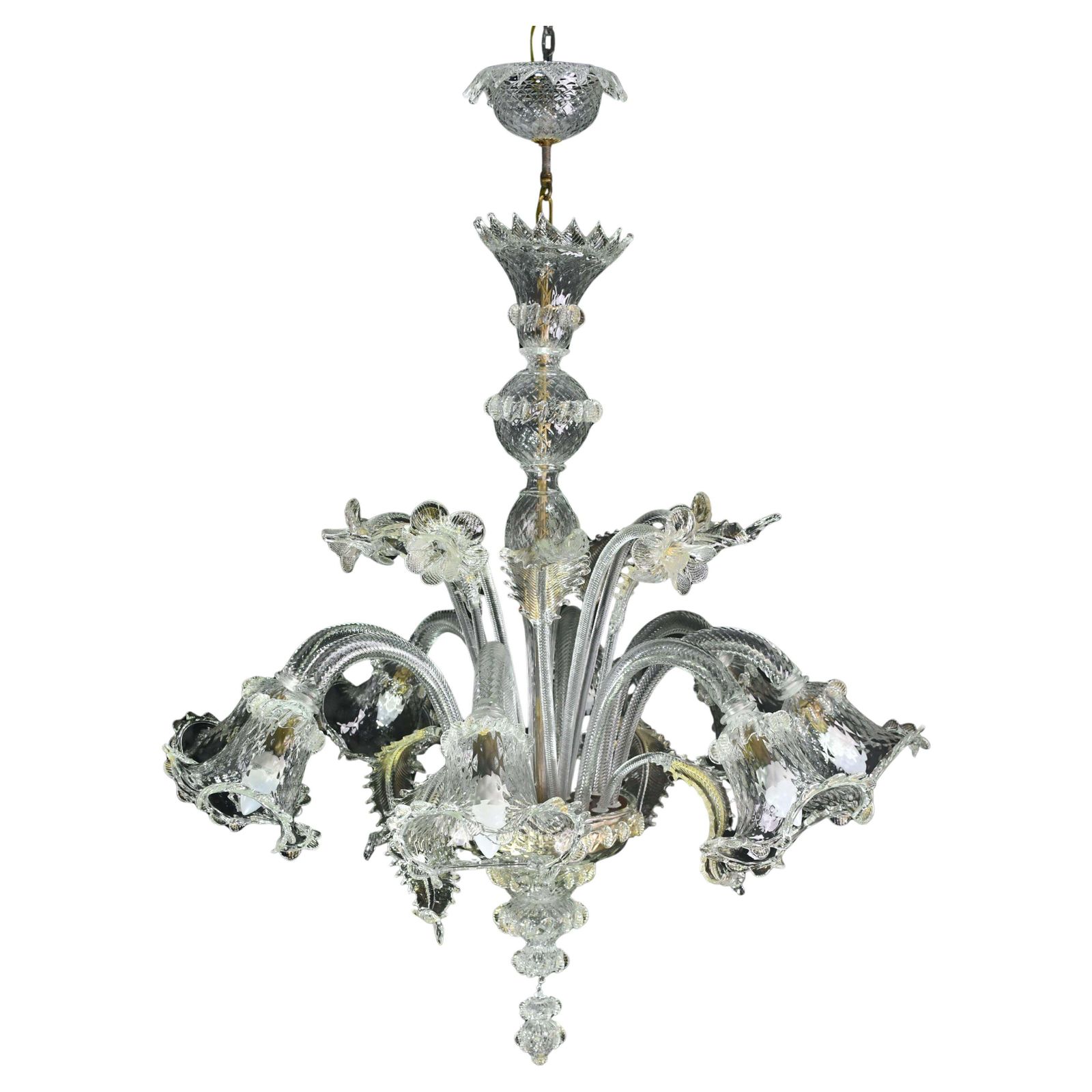 Lighting Wonderful Large Size Venetian Chandelier, Transparent And Gold Murano Glass photo