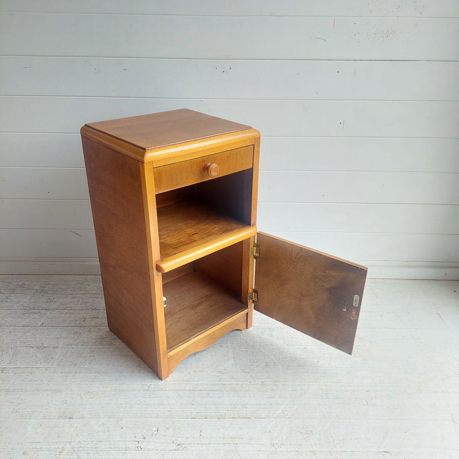 Furniture Mid Century Oak Bedside Table Cabinet Cupboard Nightstand 50s photo