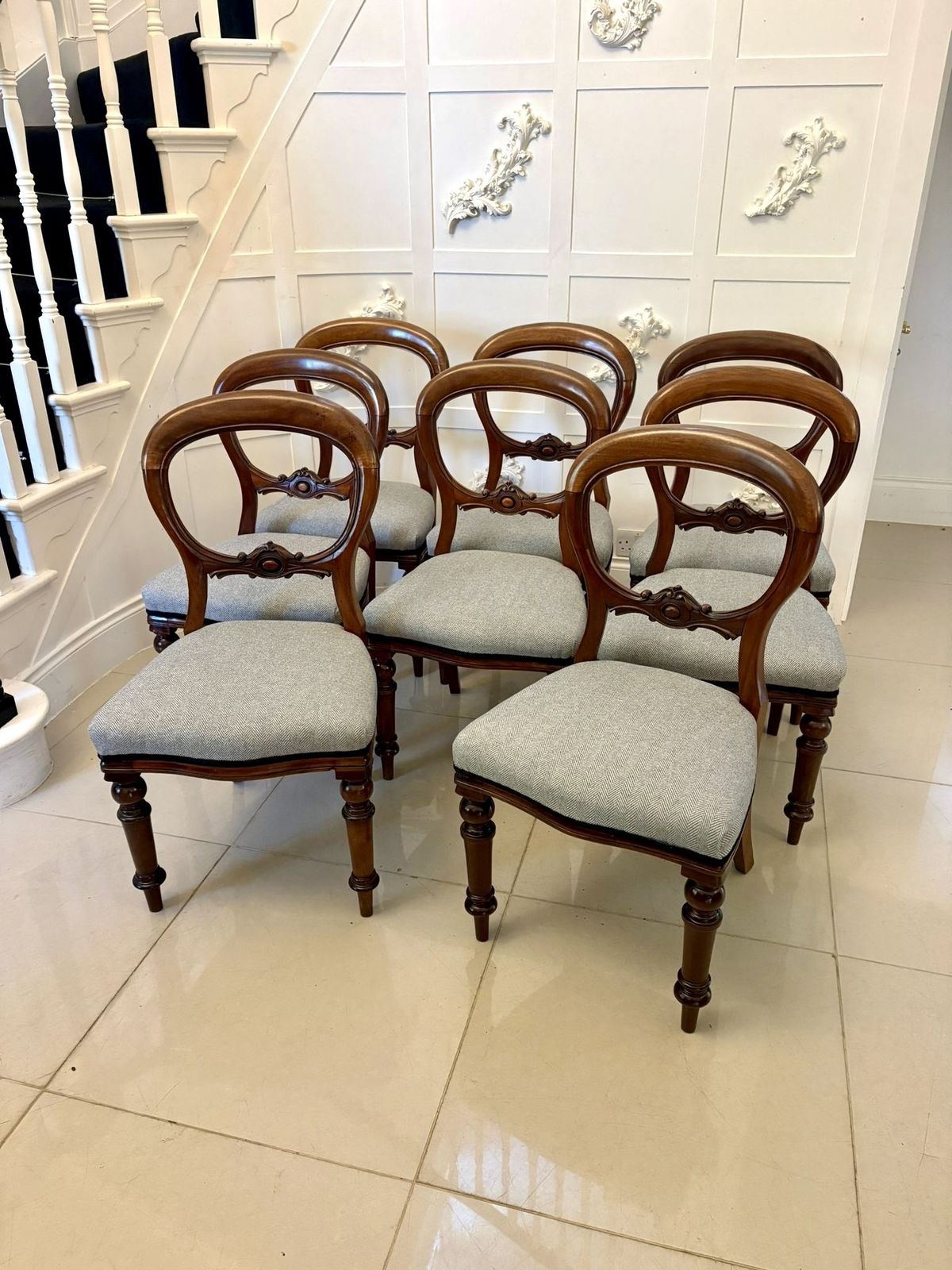 Antique Set Of Eight Quality Mahogany Balloon Back Dining Chairs photo furniture