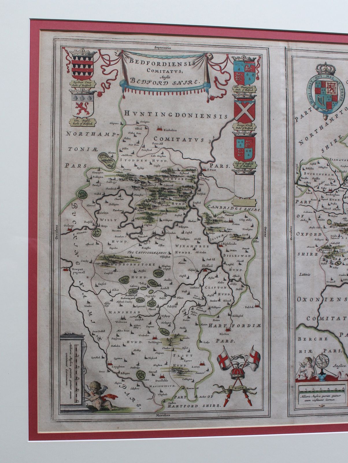 ‘Bedfordiensis Comitatus; Anglis Bedford Shire.’ & ‘Buckingham Ensis Comitatus, Anglis Buckingham Shire.’ By Joan Blaeu C.1645 photo furniture
