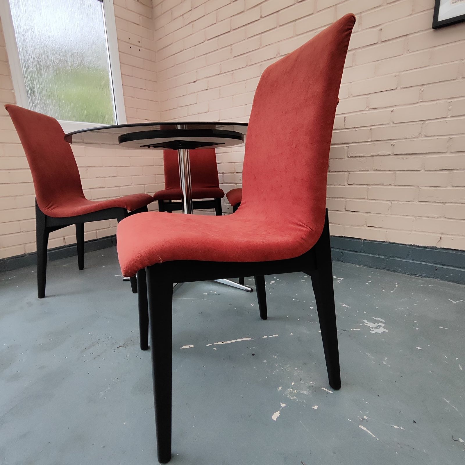 Mid Century Smoked Glass Dining Table With 4 Reupholstered Designer Chairs photo vinterior