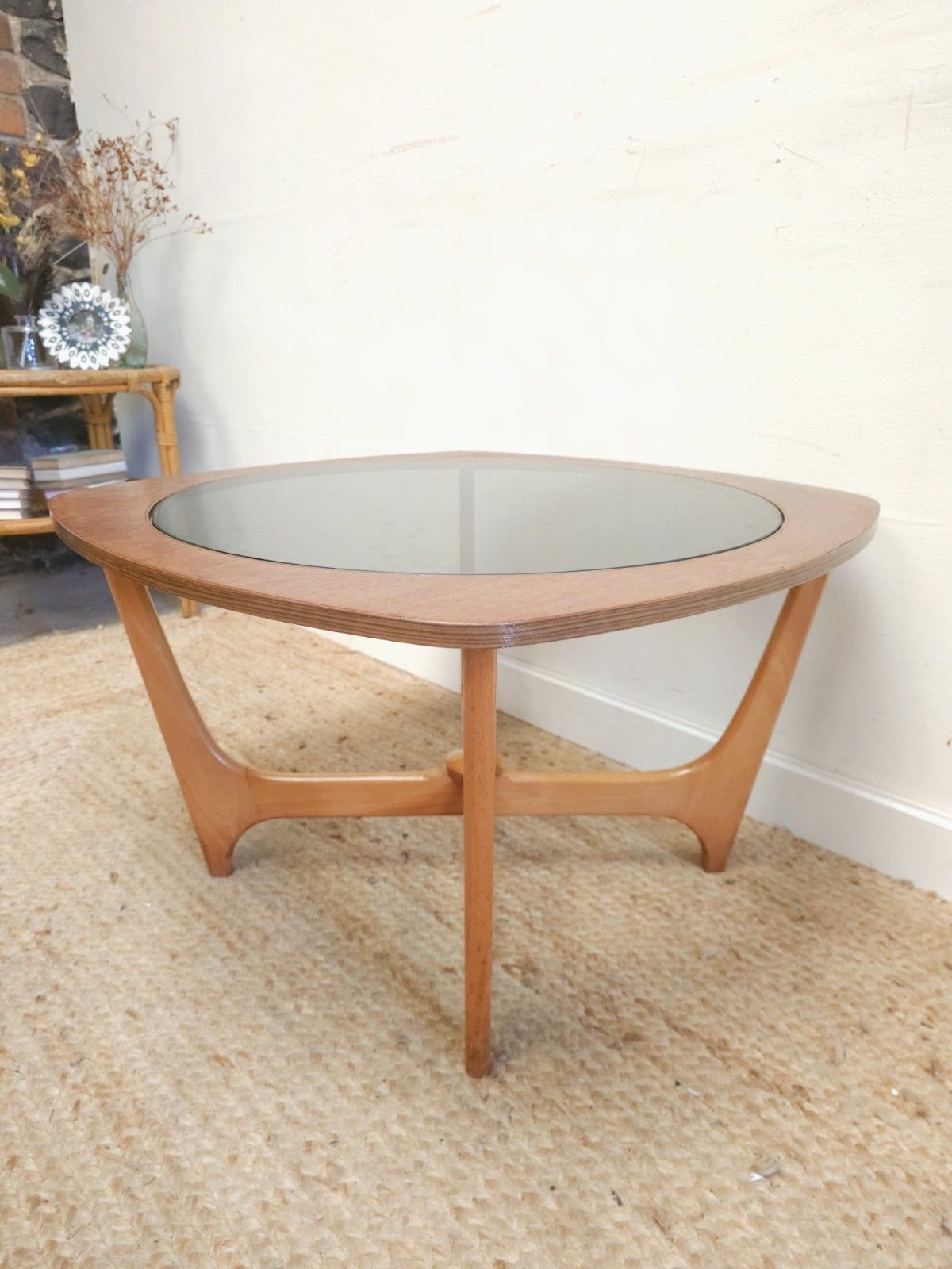 Mid Century Coffee Table Retro Smoked Glass Top Glazed Round Teak Delivery