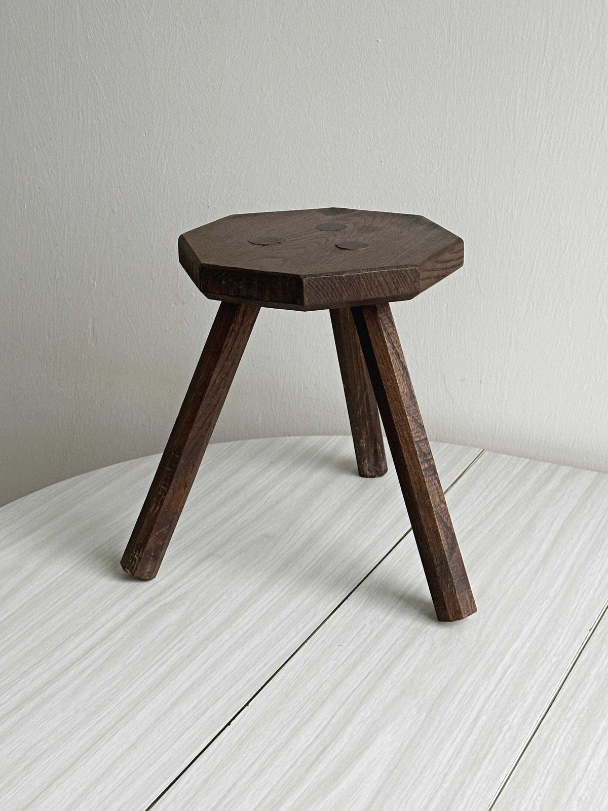 Small Tripod Stool In Dark Wood, Rustic Decorative Piece, Plant Stand Or Extra Seat, Warm Antique Item, Gift Idea photo 263.0