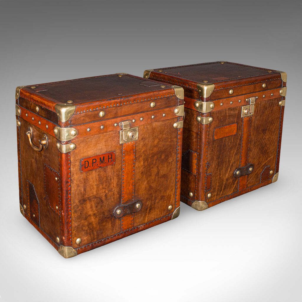 2 Late Vintage Campaign Luggage Cases, English, Leather, Nightstand, Bedside