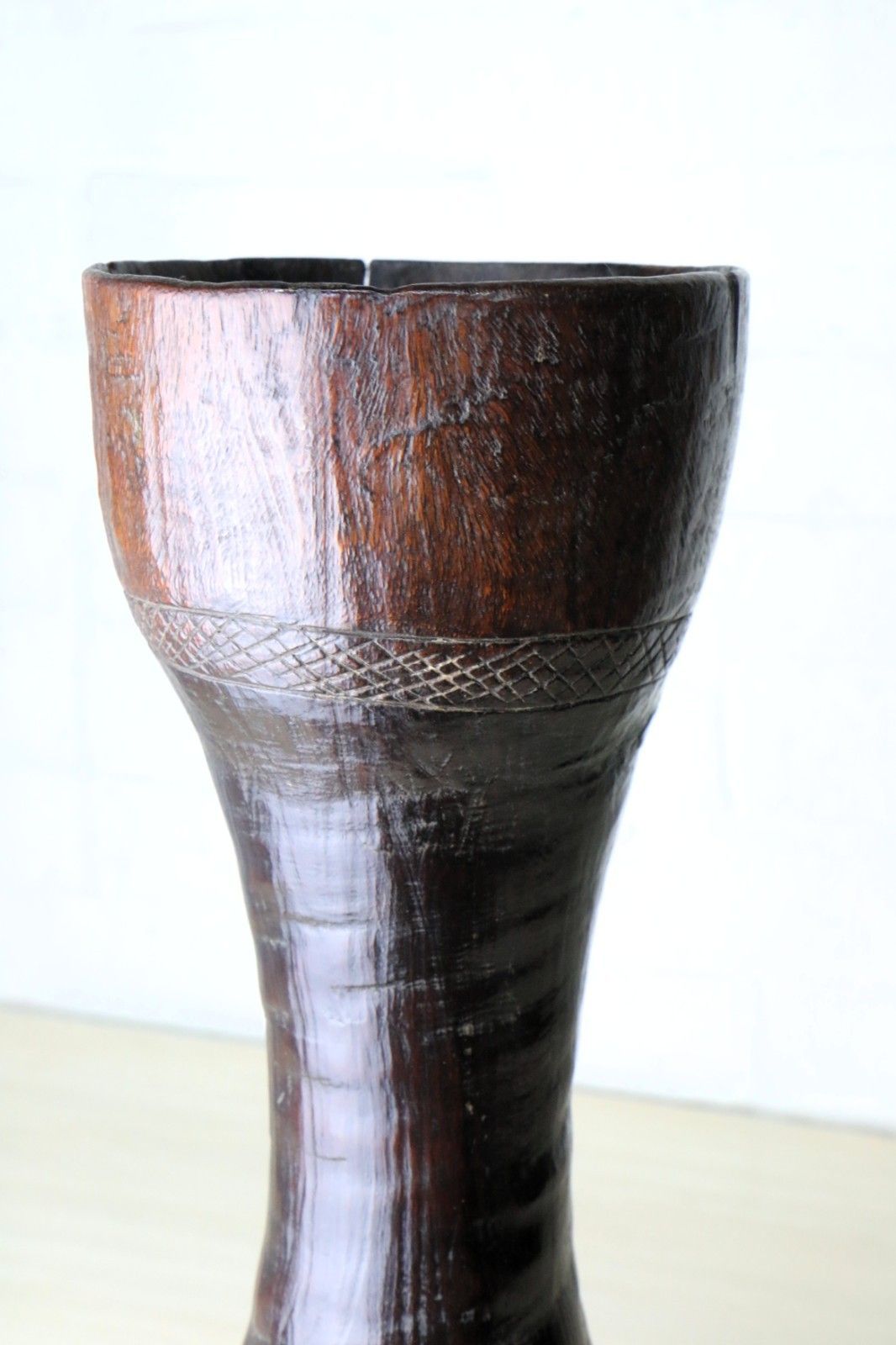 African Carved Tall Wooden Vase With Copper Insert 19th C. Ancient Drum Conversion South Africa photo buy