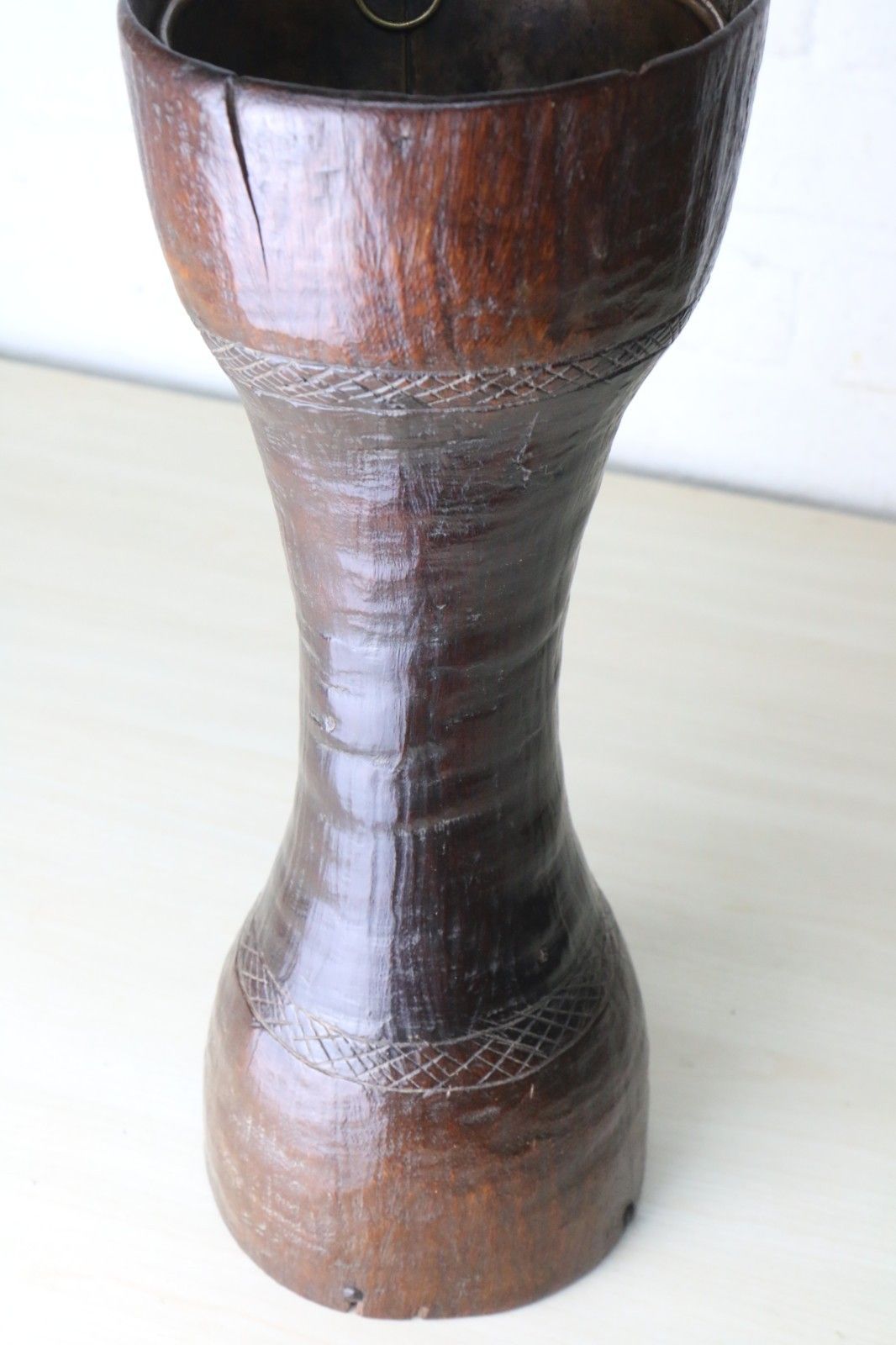 photo for sale African Carved Tall Wooden Vase With Copper Insert 19th C. Ancient Drum Conversion South Africa