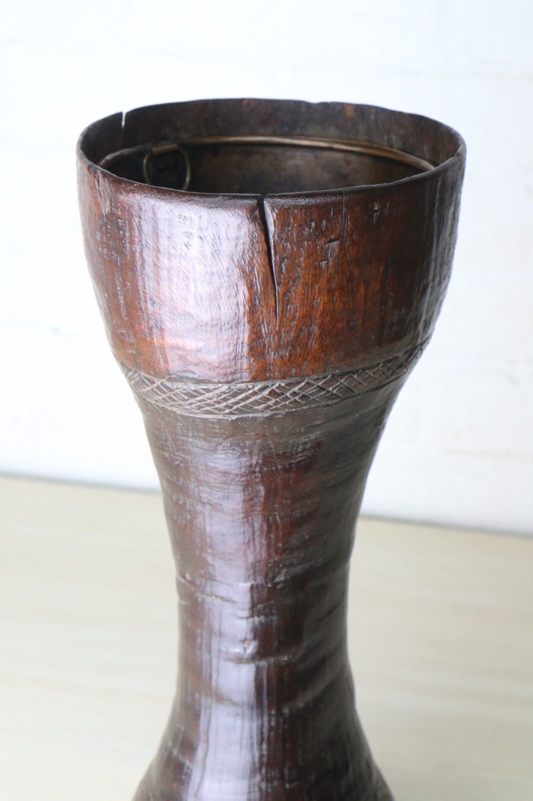 Home Decor African Carved Tall Wooden Vase With Copper Insert 19th C. Ancient Drum Conversion South Africa photo