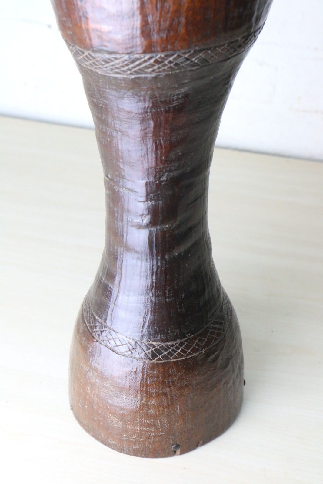 84.0 African Carved Tall Wooden Vase With Copper Insert 19th C. Ancient Drum Conversion South Africa photo