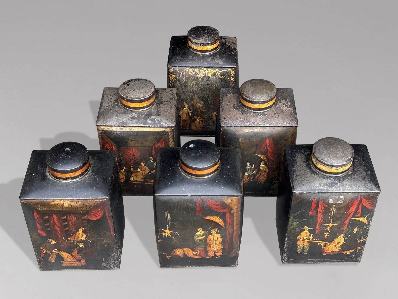 Set Of 3 William IV Painted Toleware Tea Canisters photo vinterior