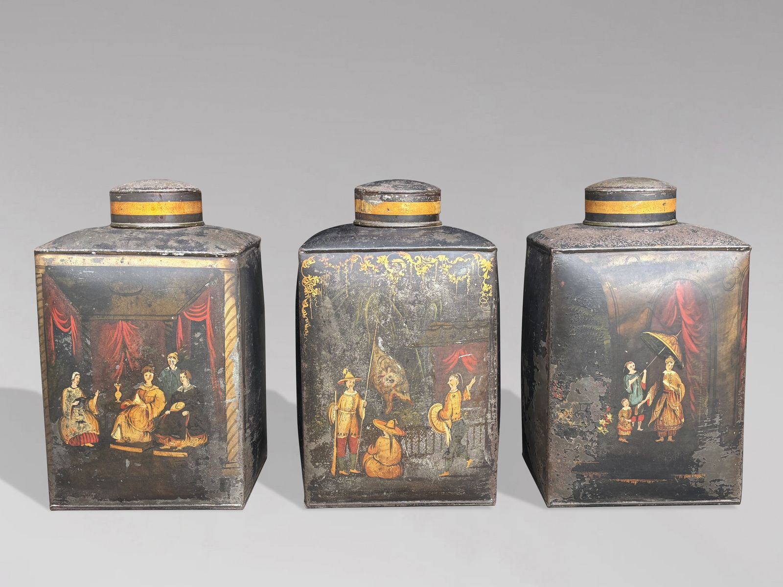 Set Of 3 William IV Painted Toleware Tea Canisters