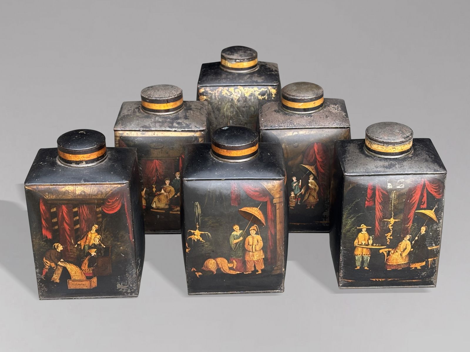 Set Of 3 William IV Painted Toleware Tea Canisters photo buy