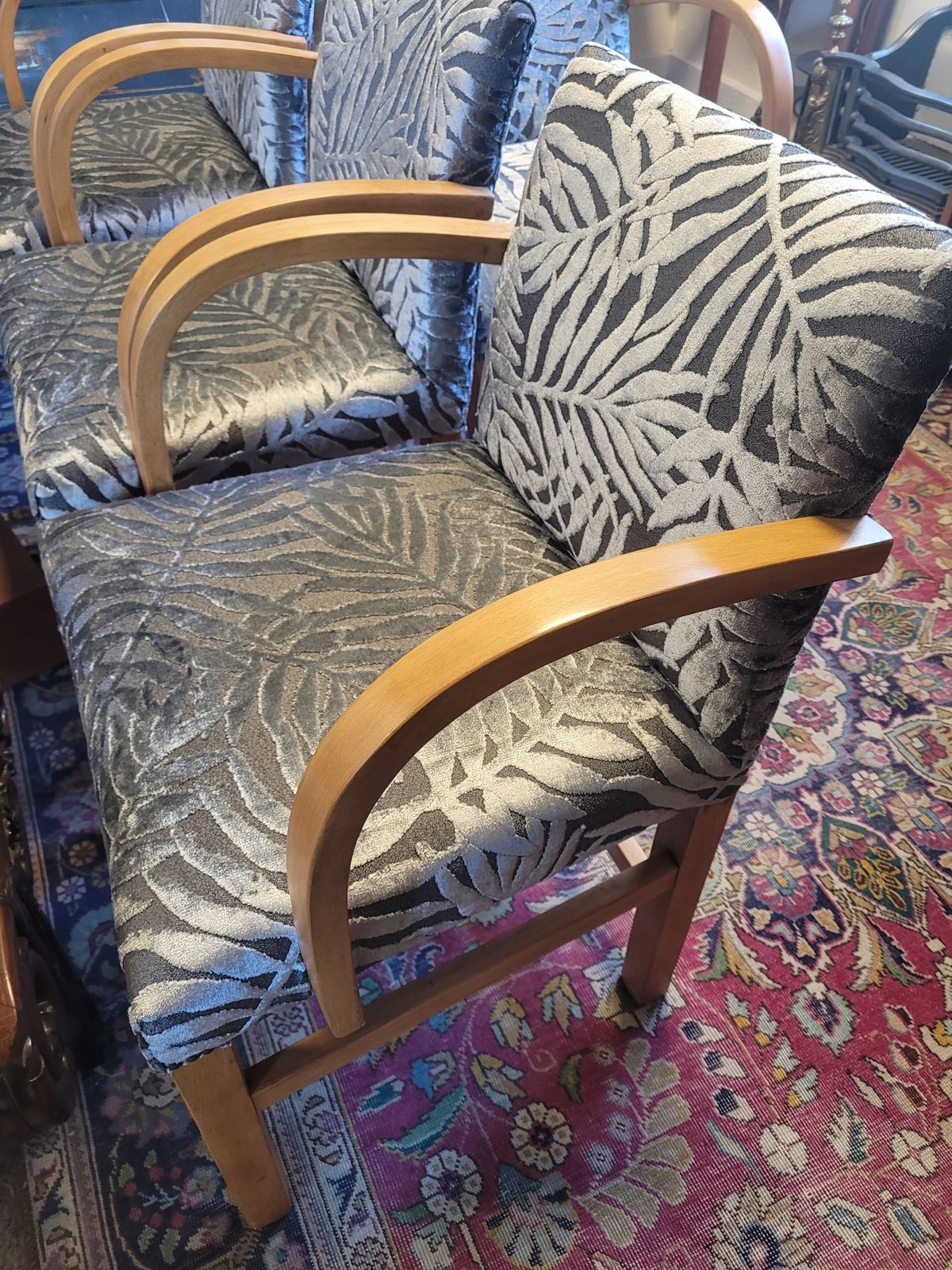 Mid Century Bentwood Chairs  Silver Velvet Leaf Upholstery photo for sale