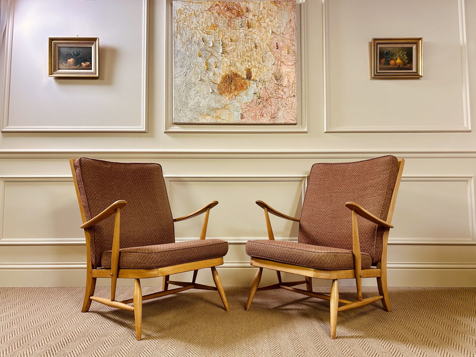 Pair Of Mid Century Ercol 403 Easy Armchairs Original Upholstery Very Rare photo furniture