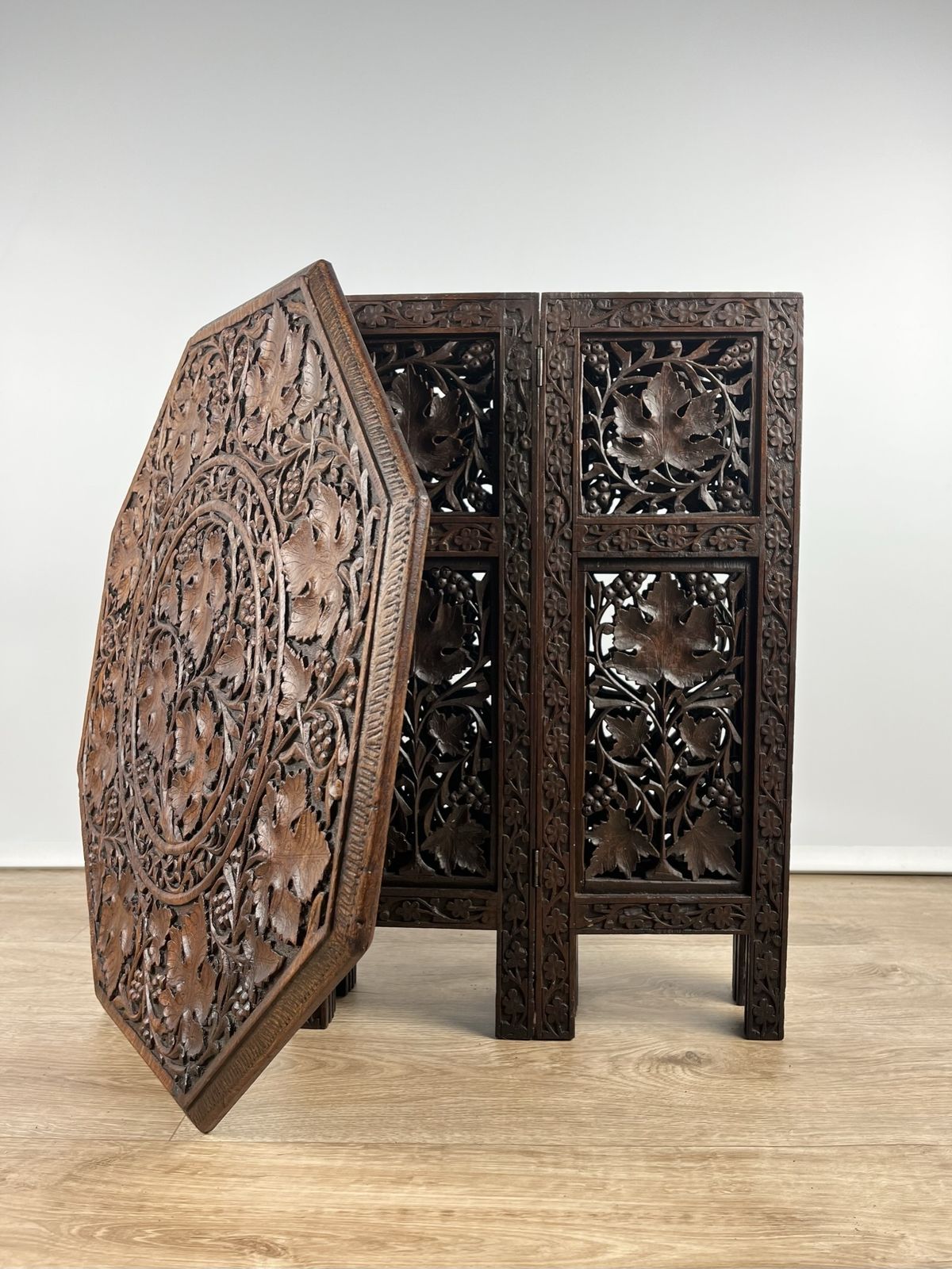 Furniture Beautifully Carved Indian Folding Side Table, Late 19th – Early 20th Century photo
