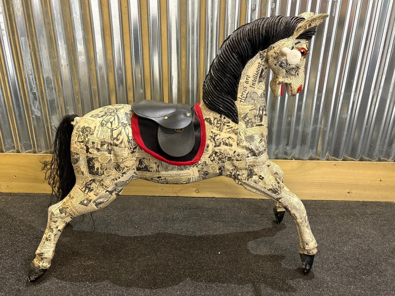 Decoupage Papier Mâché Horse Figure – Vintage Comic Print Finish – Statement Decorative Sculpture photo furniture
