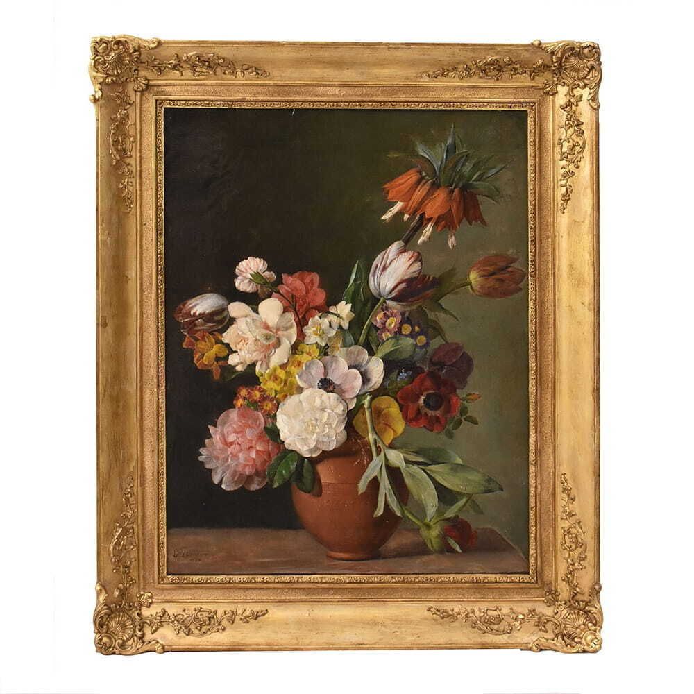 Antique Floral Painting, Peonies And Roses Flowers, Oil On Canvas, 19th Century