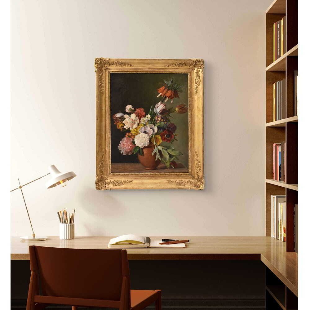 Antique Floral Painting, Peonies And Roses Flowers, Oil On Canvas, 19th Century photo furniture