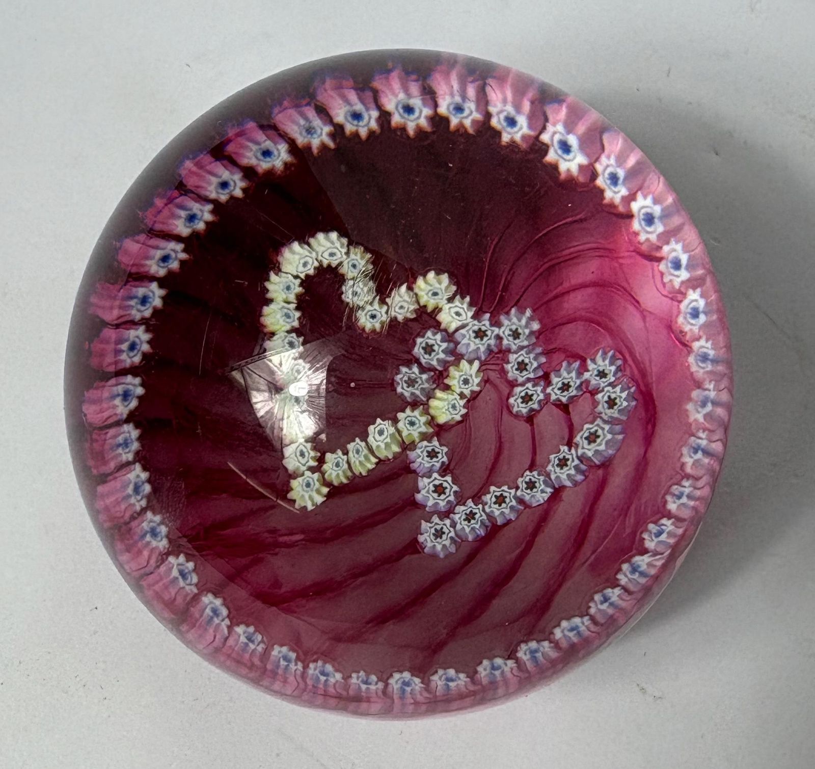 Caithness “Double Heart” Millefiori Glass Paperweight – Scottish Studio Glass, Cranberry Swirl photo furniture