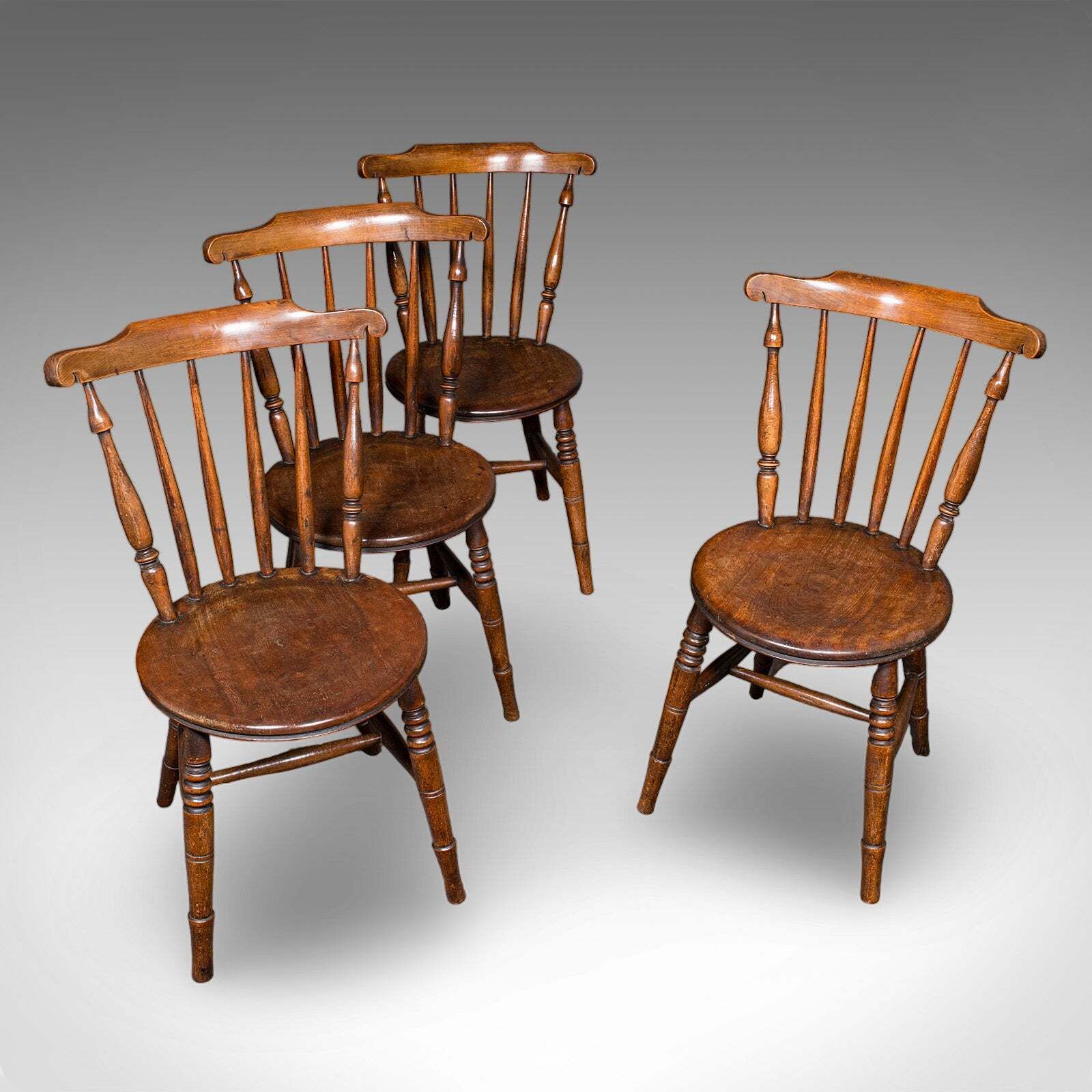 Set Of 4 Antique Station Chairs, English Beech Dining Seat, Reception, Edwardian photo vinterior