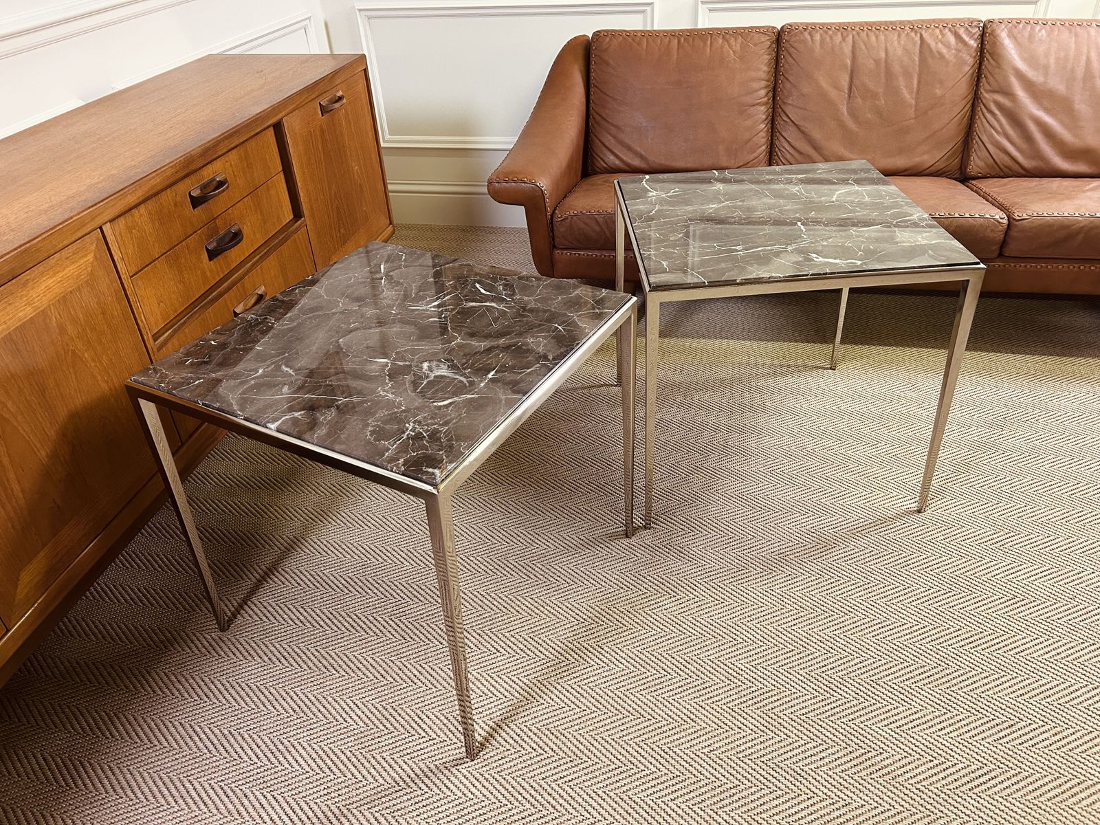Pair Of Luxury Eichholtz Henley Side Tables Marble Top Nickel Base photo Furniture