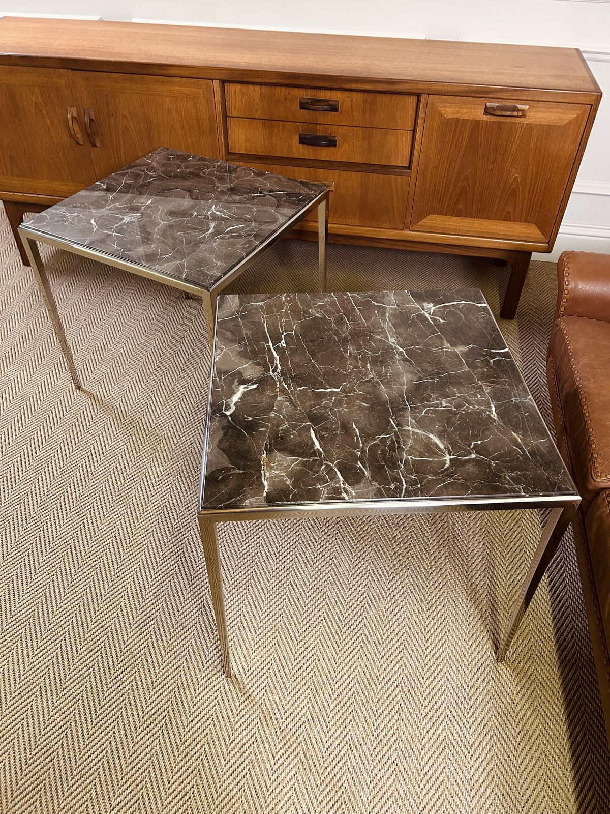 photo buy Pair Of Luxury Eichholtz Henley Side Tables Marble Top Nickel Base