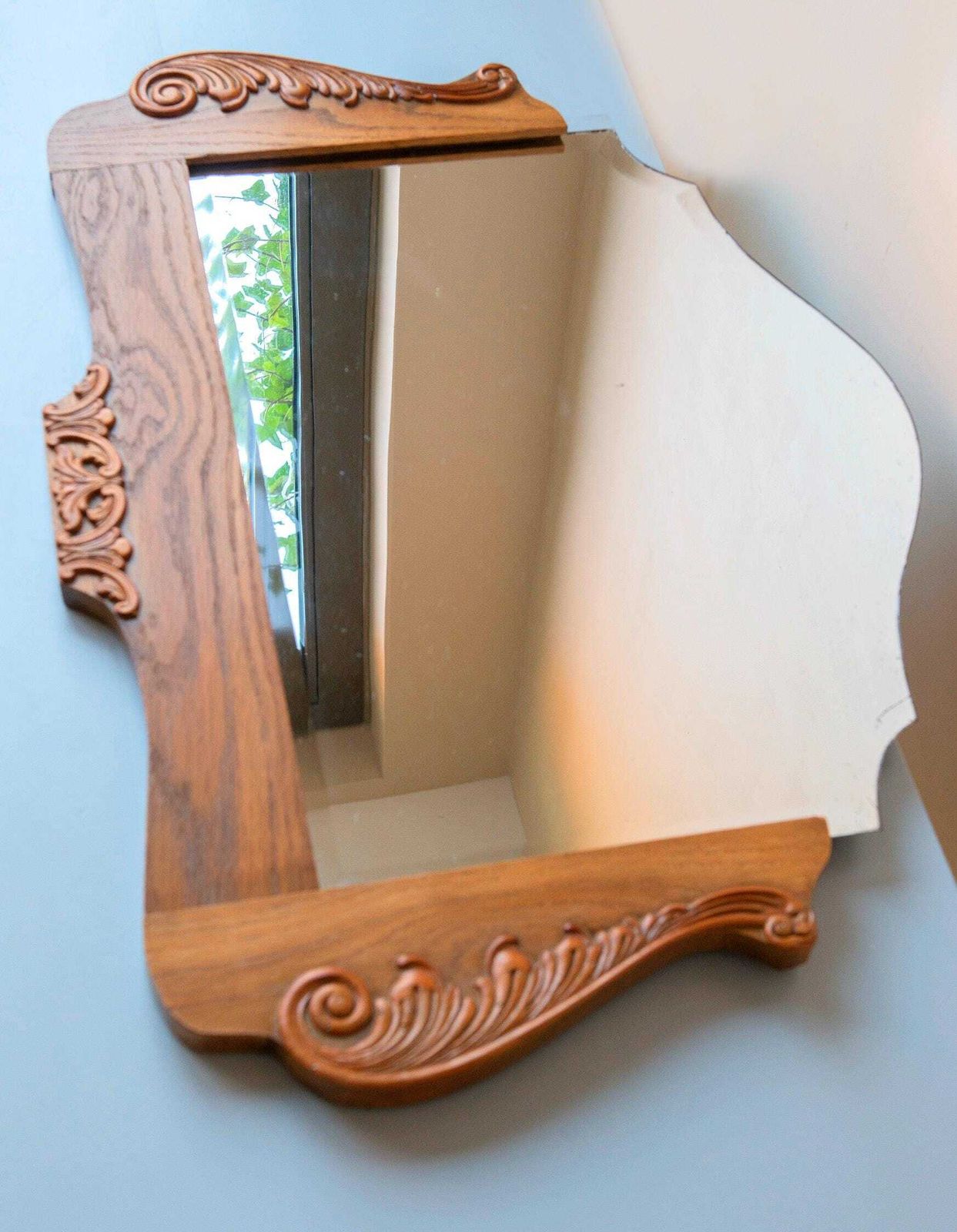 photo for sale Art Deco Mantel Mirror With Beveled Glass – Carved Wood Frame, C. 1920