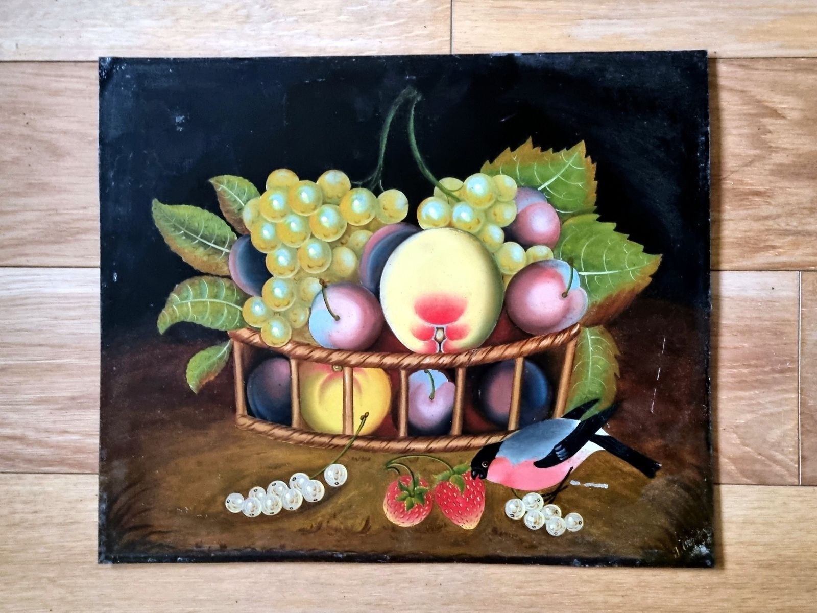 Original Still Life Painting, Bullfinch With Gooseberries, Oil On Metal Panel, Signed Early 20th Century Artwork, Rustic