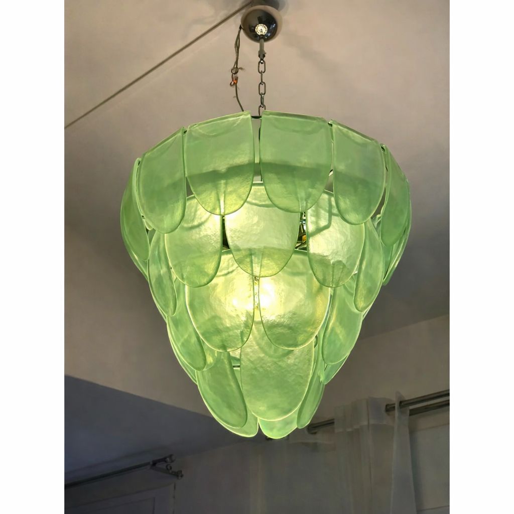 Contemporary Modern Green Sanded "Petals" Murano Style Glass Chandelier photo for sale