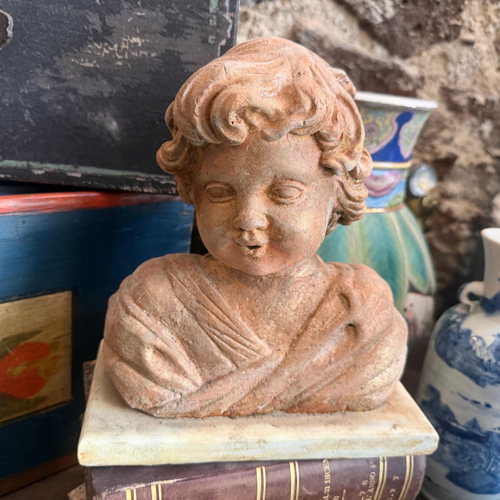 1930s Mixed Stone Sicilian Sculpture Of A Putto On A Marble Base photo furniture
