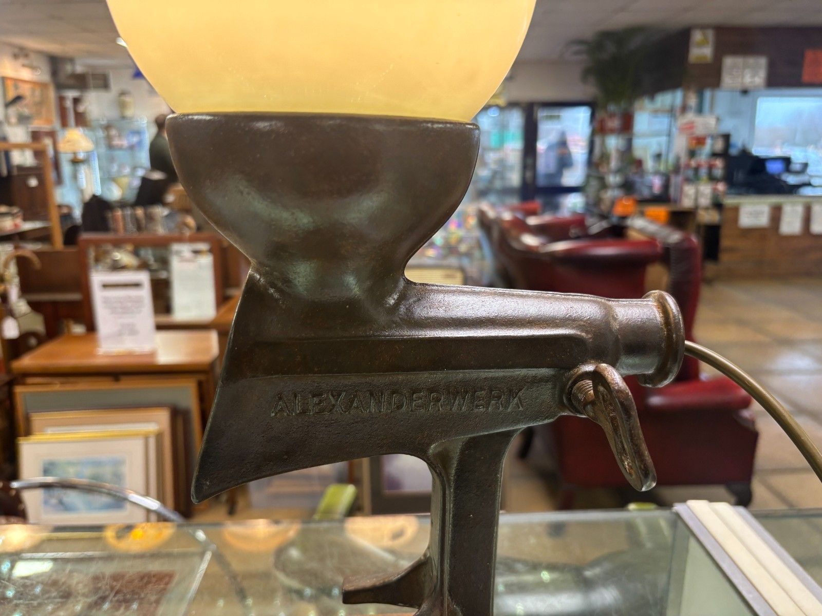 Steam Punk Cast Iron Mixer Converted Table Lamp With Milk Glass Shade photo for sale