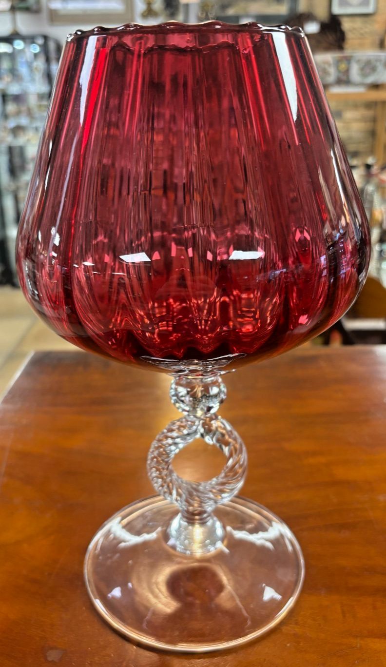1960's Vintage Hand Blown Cranberry & Clear Glass Vase/ Pedestal Bowl