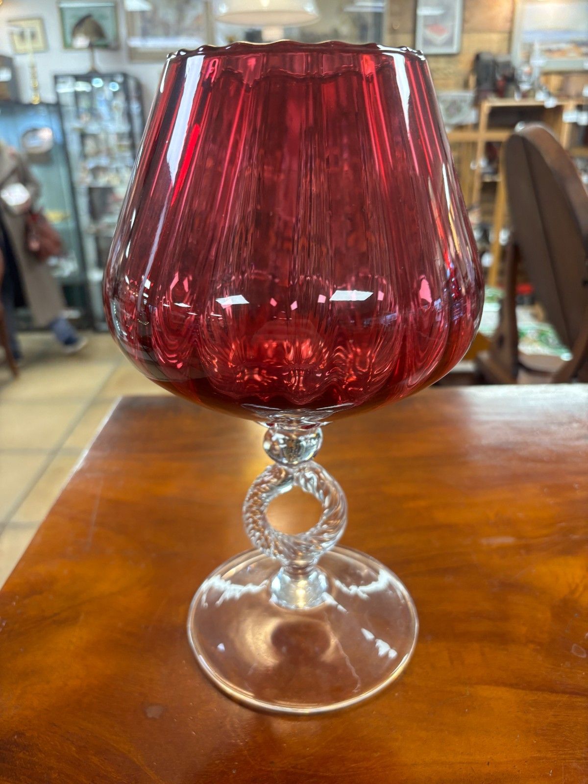 1960's Vintage Hand Blown Cranberry & Clear Glass Vase/ Pedestal Bowl photo 75.0
