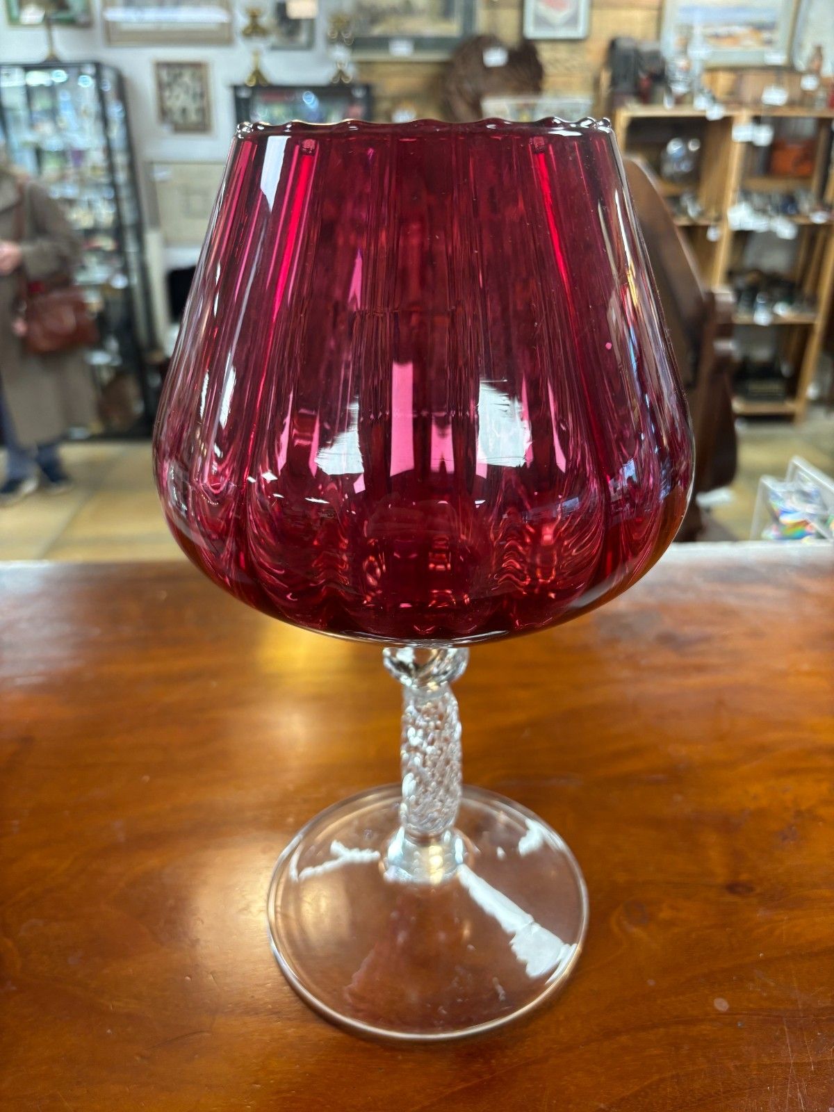 1960's Vintage Hand Blown Cranberry & Clear Glass Vase/ Pedestal Bowl photo vintage