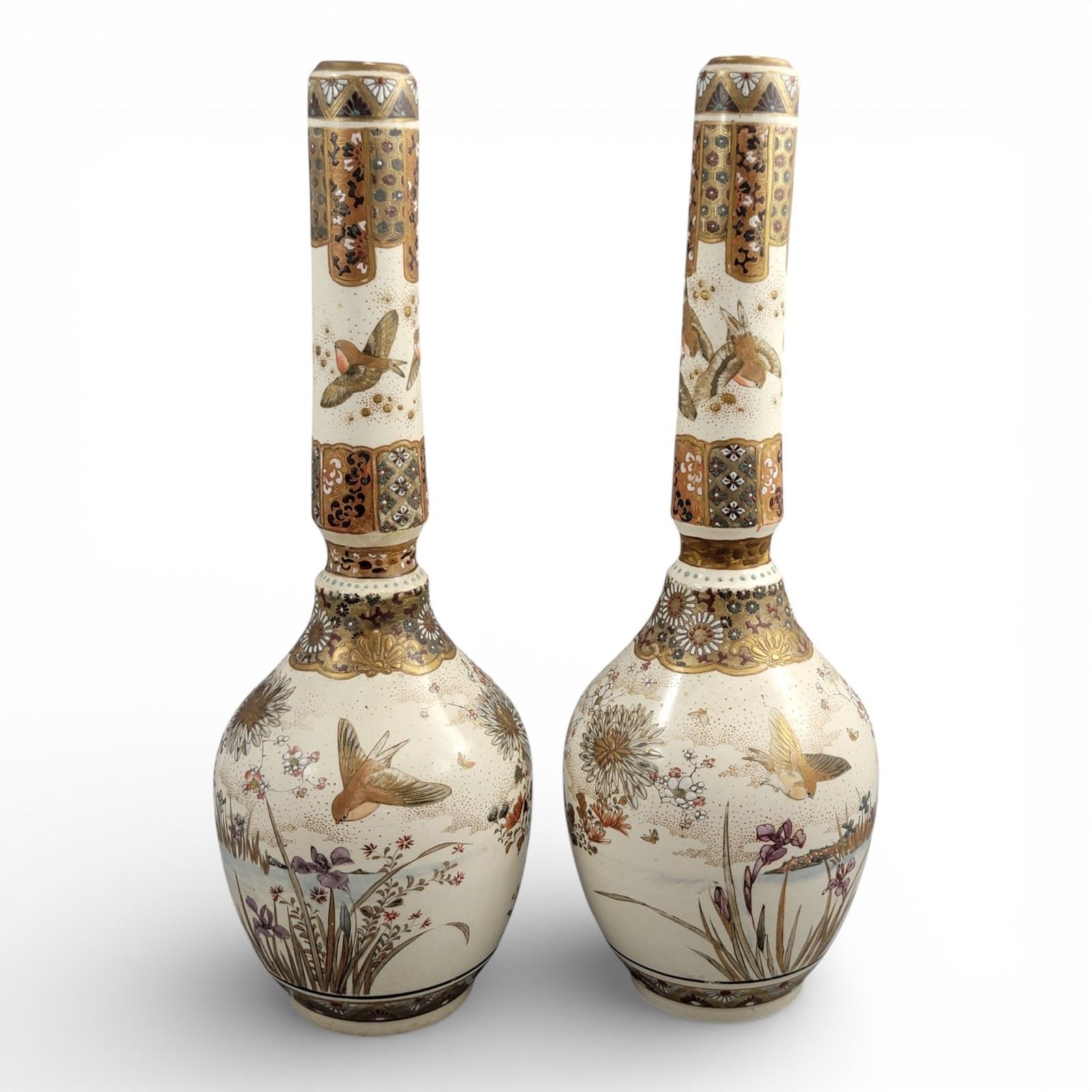 Pair Of Large Meiji Japanese Satsuma Vases, Moriage & Gold Pointillé photo Home Decor