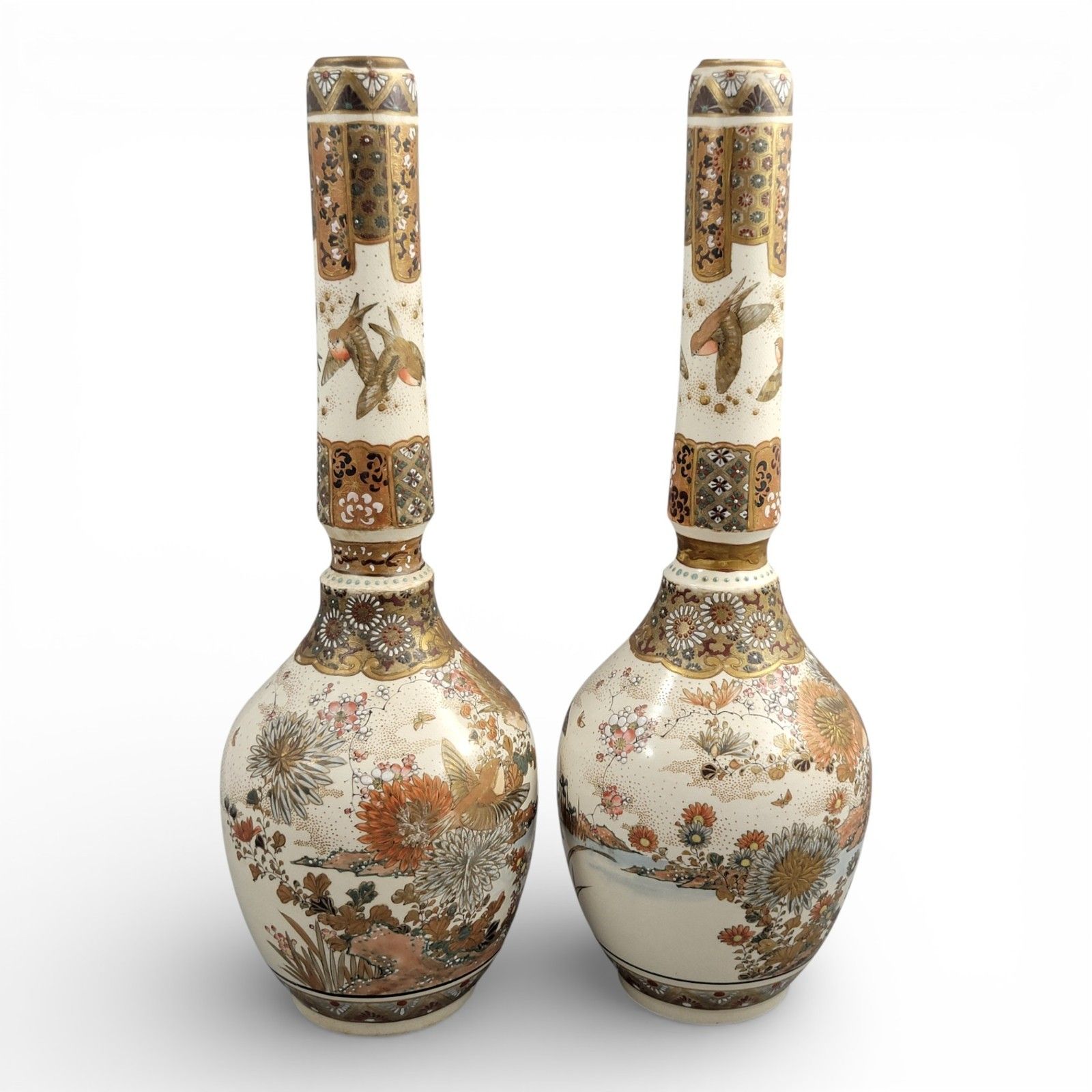 Pair Of Large Meiji Japanese Satsuma Vases, Moriage & Gold Pointillé photo buy