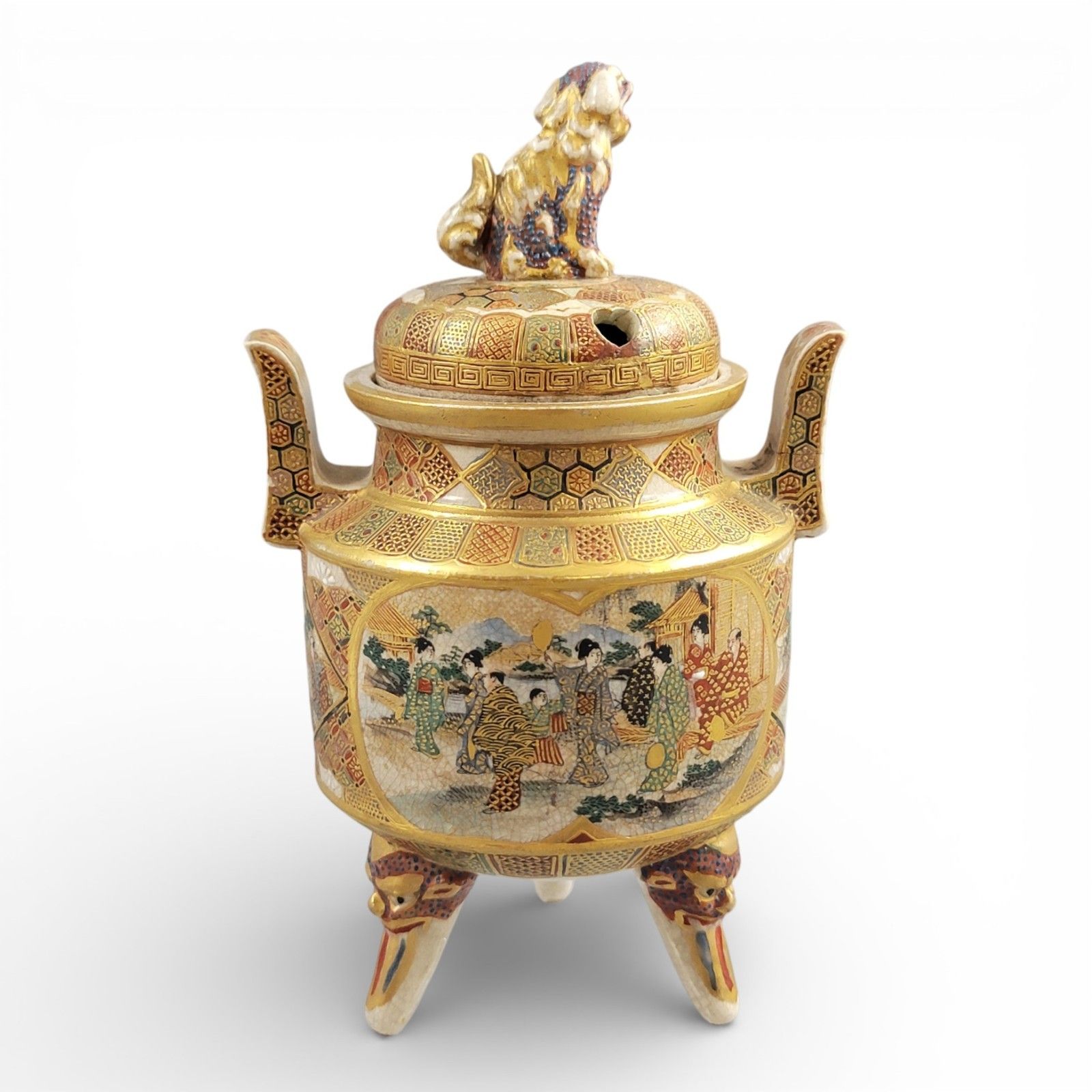 Signed Meiji Satsuma Koro Incense Burner By Shunzan With Shi Shi Lid, C.1890 photo vinterior