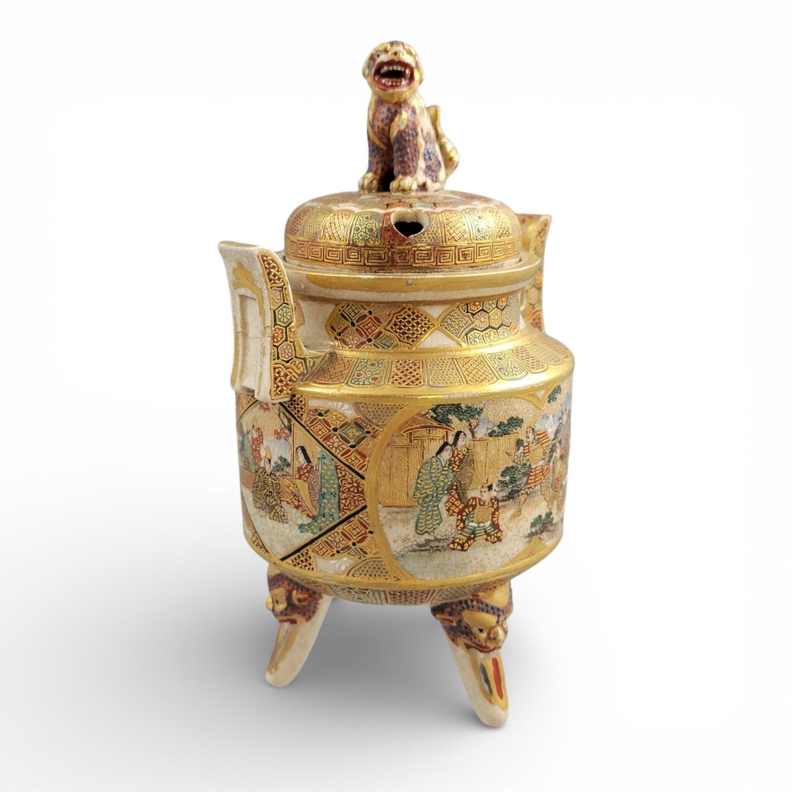 Signed Meiji Satsuma Koro Incense Burner By Shunzan With Shi Shi Lid, C.1890 photo vintage