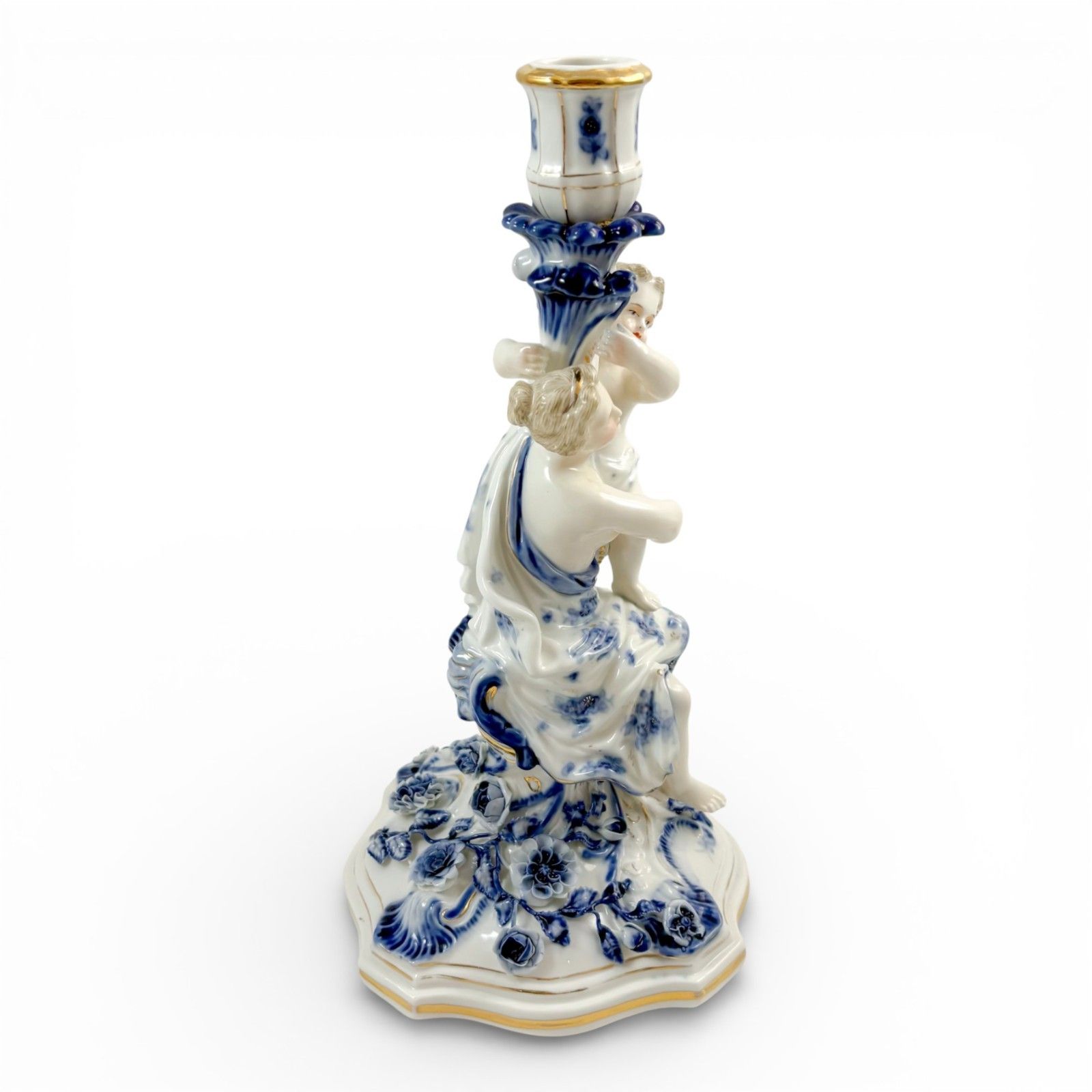 Antique Sitzendorf Porcelain Figural Candlestick Woman & Child Blue White photo 395.0