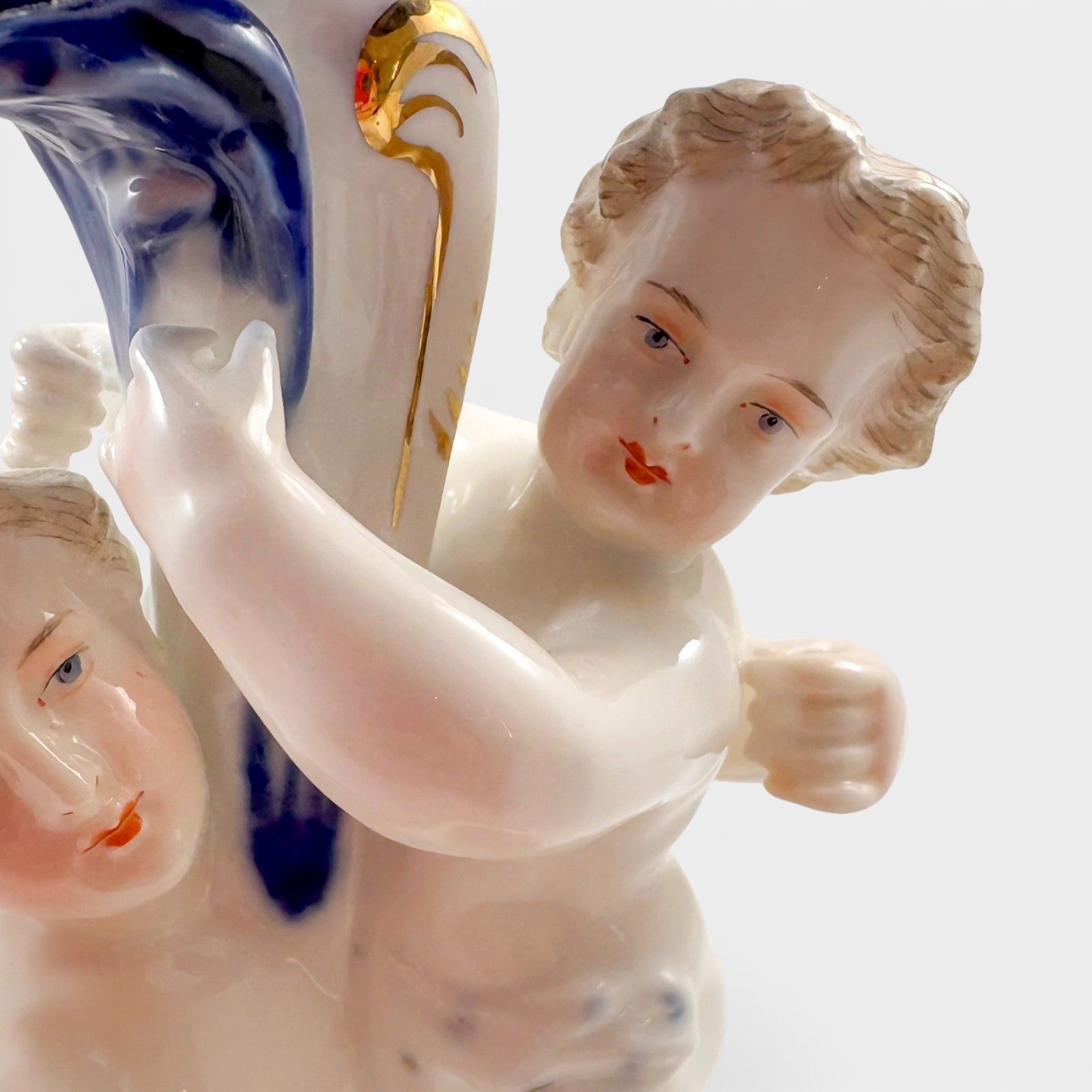 395.0 Antique Sitzendorf Porcelain Figural Candlestick Woman & Child Blue White photo