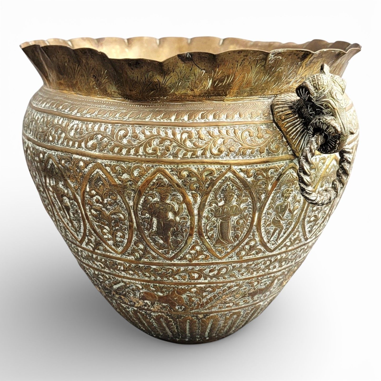 Large Indian Raj Period Hand Engraved Brass Jardinière, C. 1870–1890 photo furniture