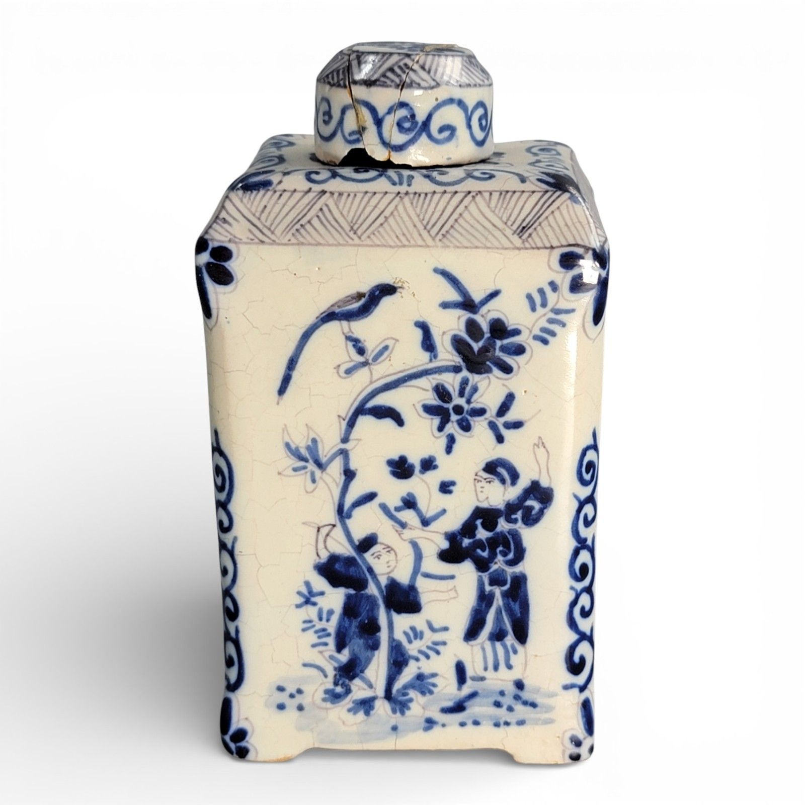 Antique Dutch Delft Blue & White Tea Caddy Chinoiserie 18th C 13.3cm