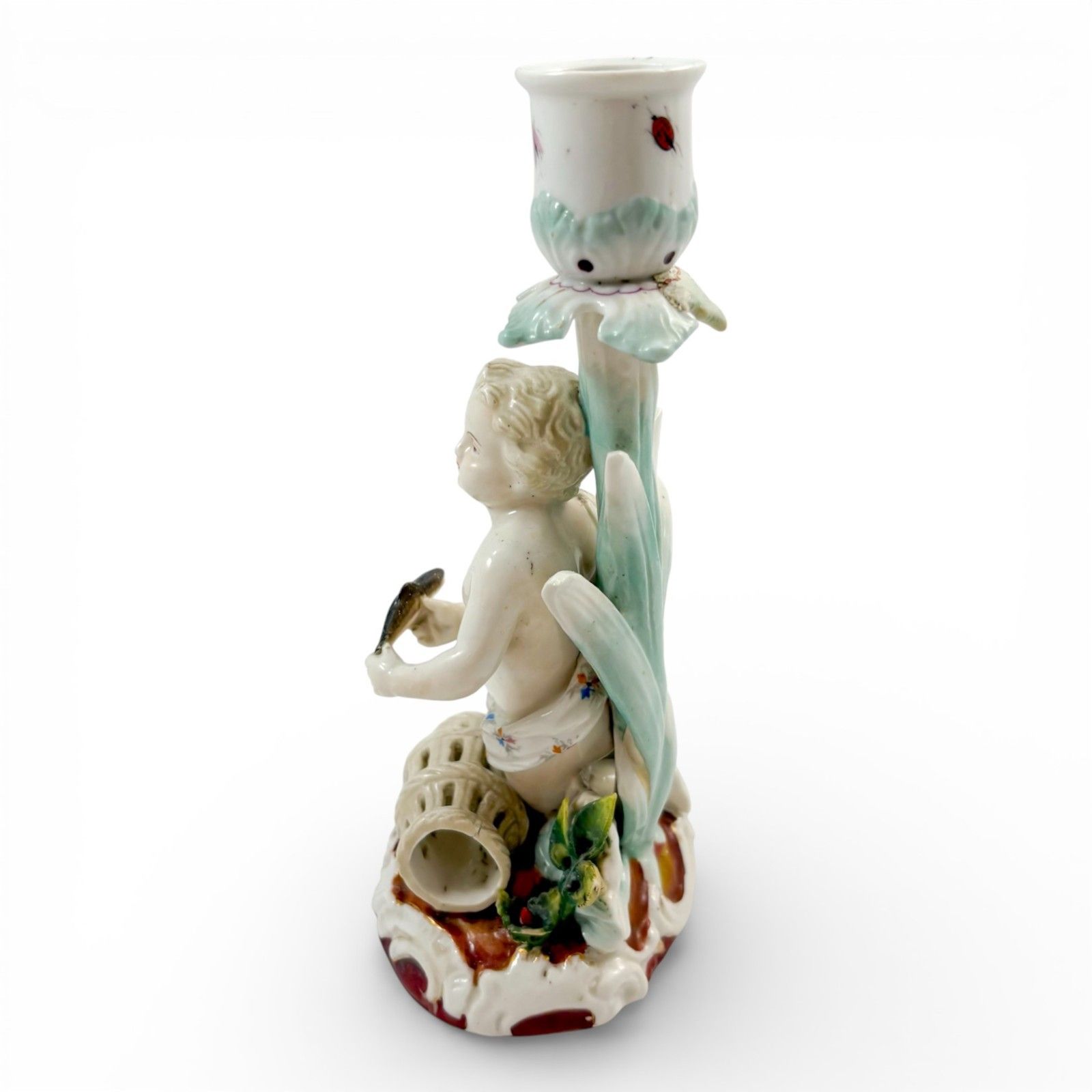 Antique 19th Century Continental Porcelain Cherub Candlestick With Floral Stem photo furniture